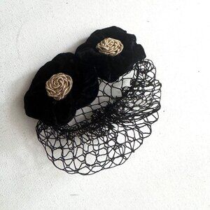 Vintage Black Velvet Floral Mesh Bun Cover Hair Clip